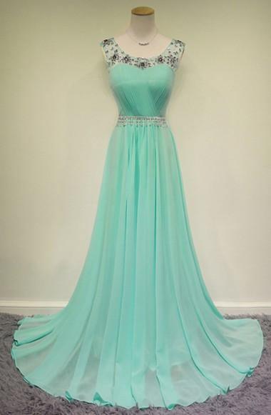 Mint Green Chiffon Lace Appliques Illusion Long Prom Dress With