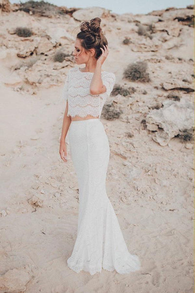 Modern Mermaid Wedding Dresses Lace Short Sleeves Gowns WD063